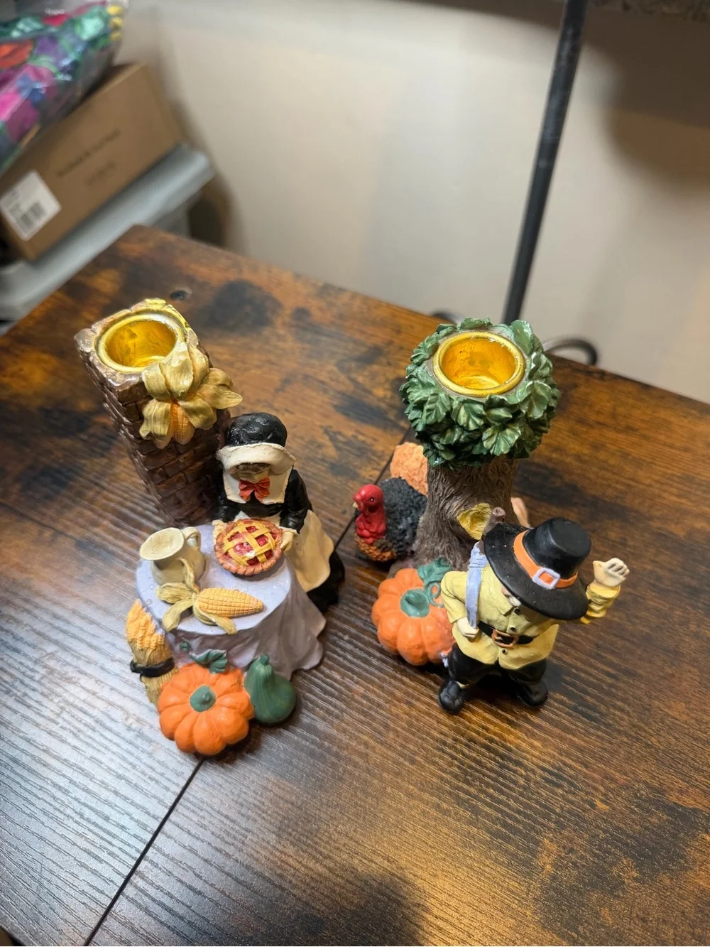 Vintage 1997 Painted Ceramic Pilgrim Candle Holders Pair Thanksgiving